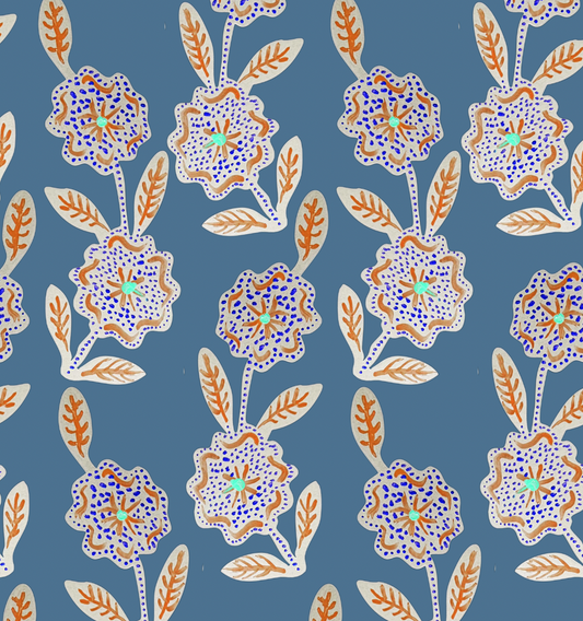 A repeating floral pattern on a dusty blue background, featuring cream-colored leaves and flowers with orange, purple, and light blue details.